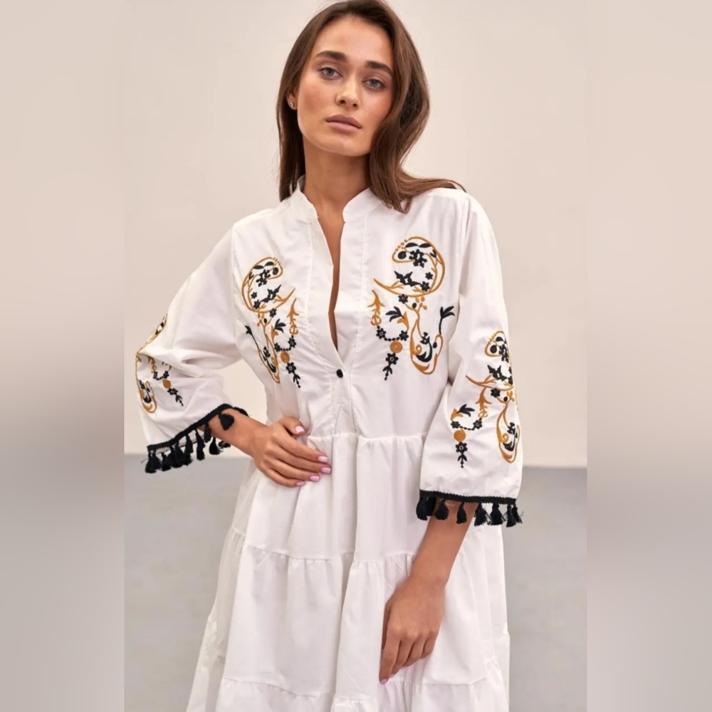 White floral mini dress with sleeve tassels - Size small